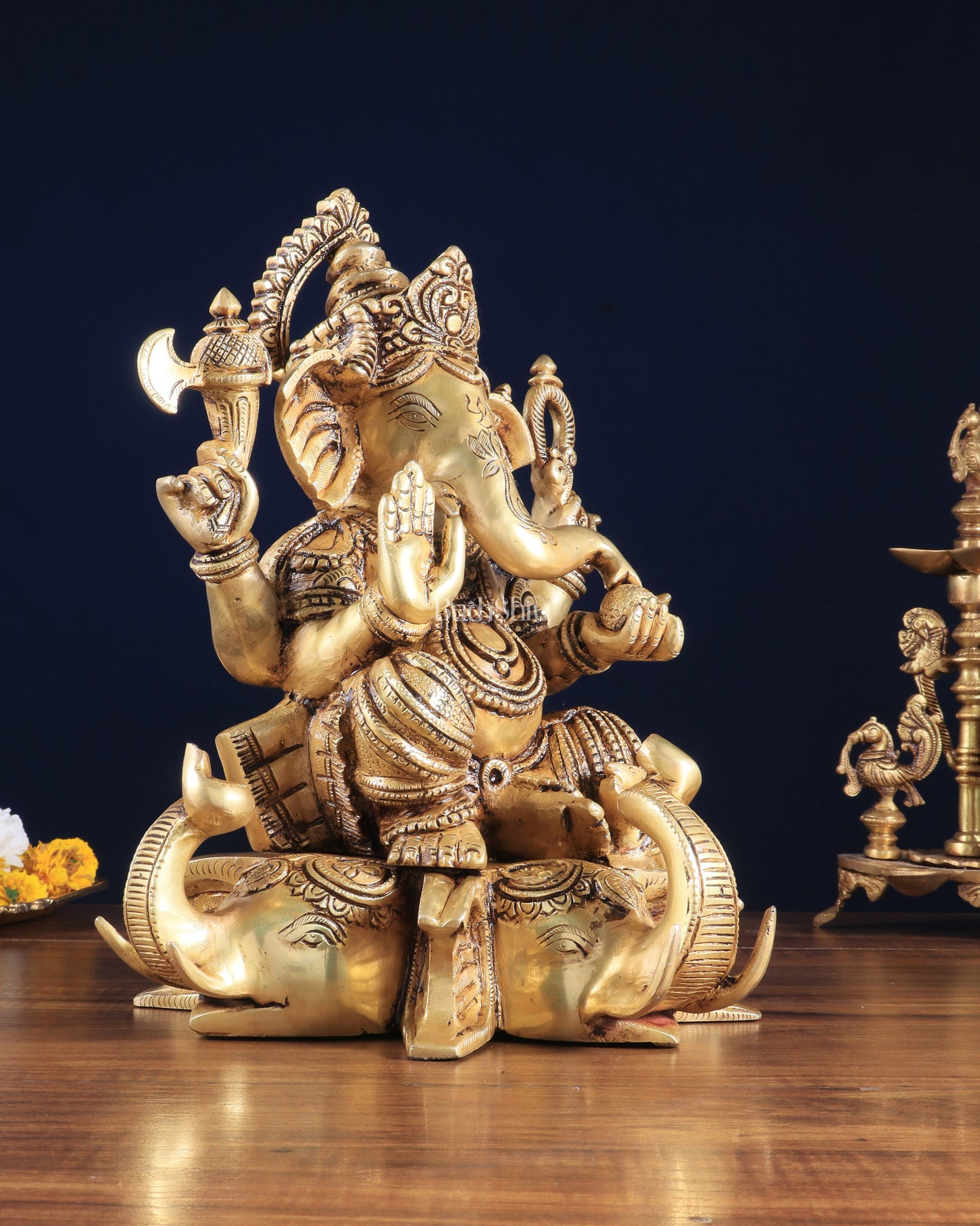 Royal Brass Lord Ganesha on Elephant Heads Aasan – 12.5" x 10" x 9" | Majestic Sculpture