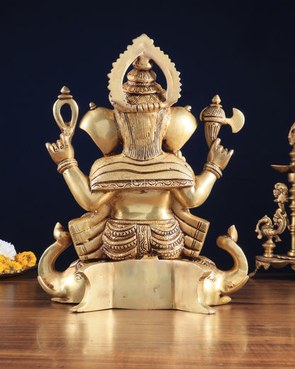 Royal Brass Lord Ganesha on Elephant Heads Aasan – 12.5" x 10" x 9" | Majestic Sculpture