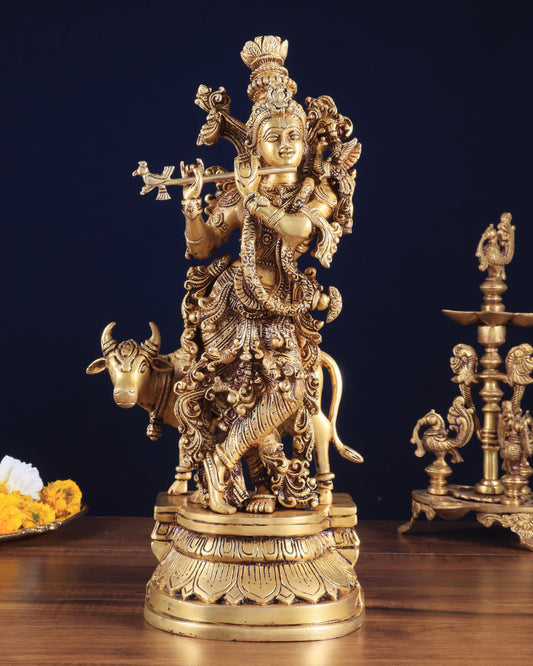 Pure Brass Standing Lord Krishna with Cow – 14"