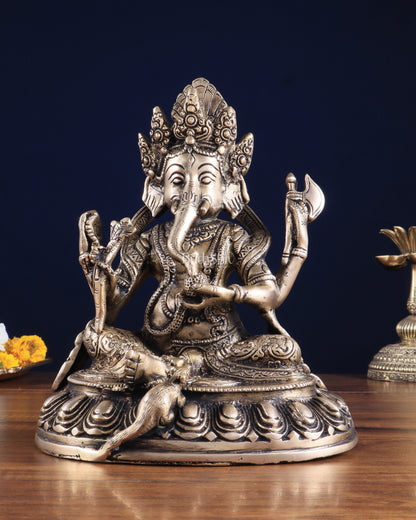 Brass Nepalese Style Ganesha Statue – 8" x 6.5" x 5.5" | Traditional Artistic Idol