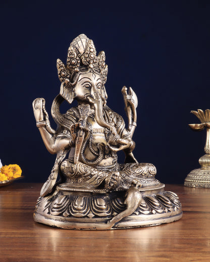 Brass Nepalese Style Ganesha Statue – 8" x 6.5" x 5.5" | Traditional Artistic Idol