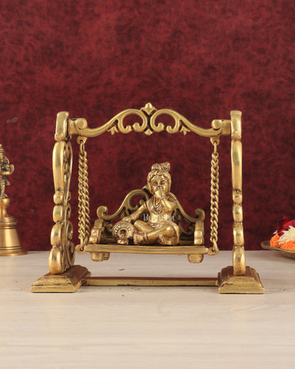 Pure Brass superfine Makhan Chor Bal Krishna on Swing Idol - 7" Height