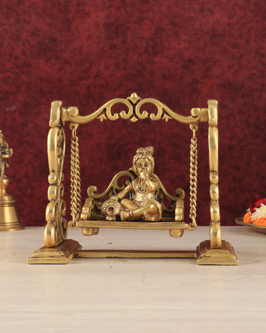 Pure Brass superfine Makhan Chor Bal Krishna on Swing Idol - 7" Height