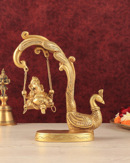 Unique Pure Brass Lord Ganesha on a Peacock Swing Idol