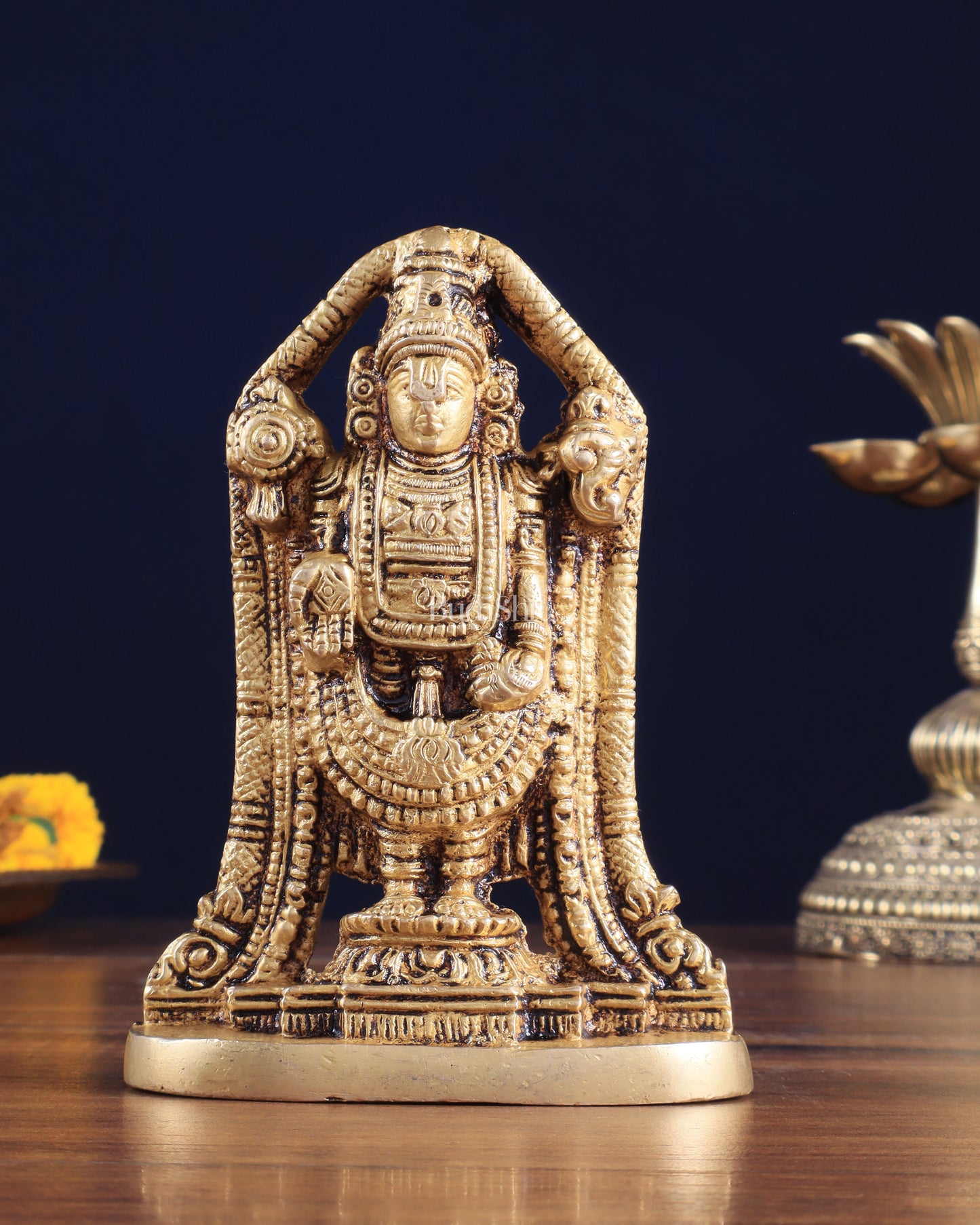 Brass Tirupati Balaji Lord Venkateshwara Idol – 5" x 3.5" x 2" | Finely Carved Divine Statue