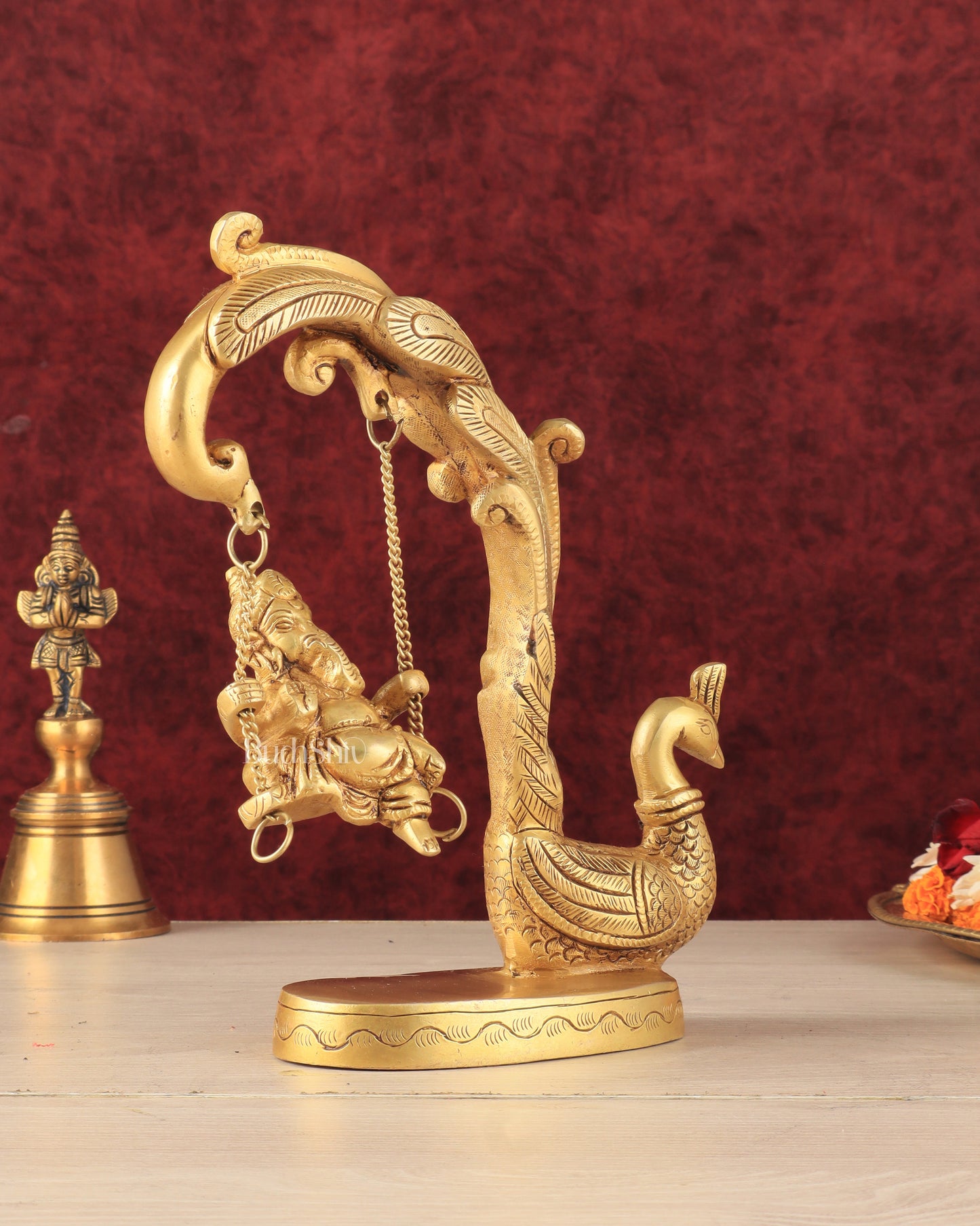 Unique Pure Brass Lord Ganesha on a Peacock Swing Idol