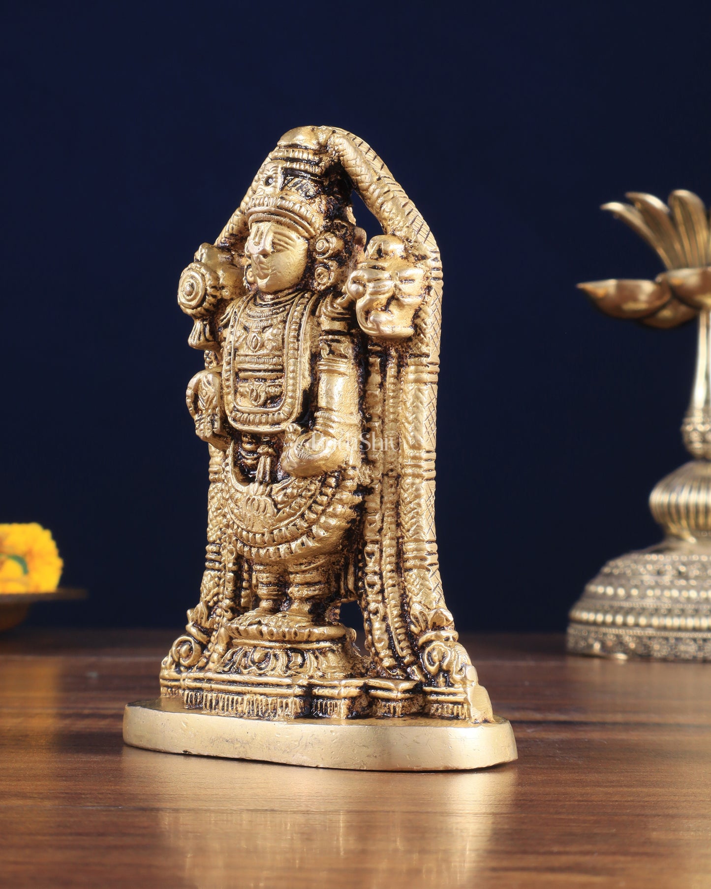 Brass Tirupati Balaji Lord Venkateshwara Idol – 5" x 3.5" x 2" | Finely Carved Divine Statue