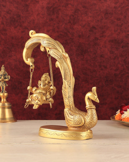 Unique Pure Brass Lord Ganesha on a Peacock Swing Idol