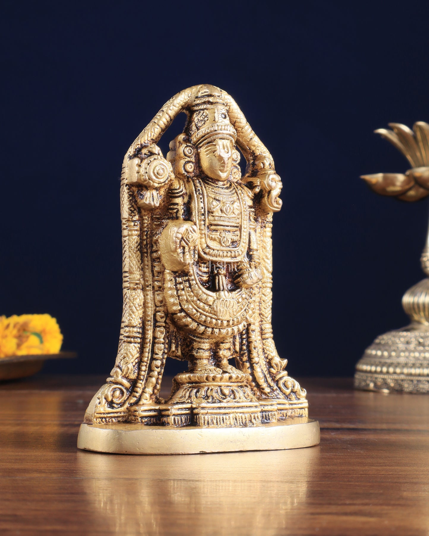 Brass Tirupati Balaji Lord Venkateshwara Idol – 5" x 3.5" x 2" | Finely Carved Divine Statue