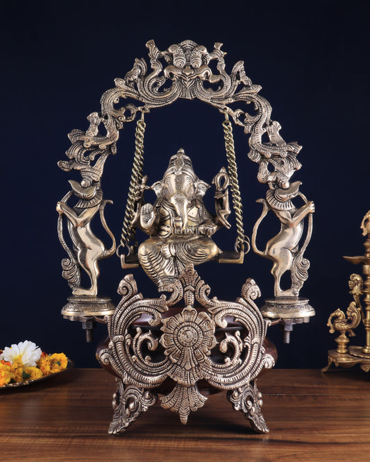 Pure Brass Large Lord Ganesha on a Swing Urli – Dual Tone Finish 20"