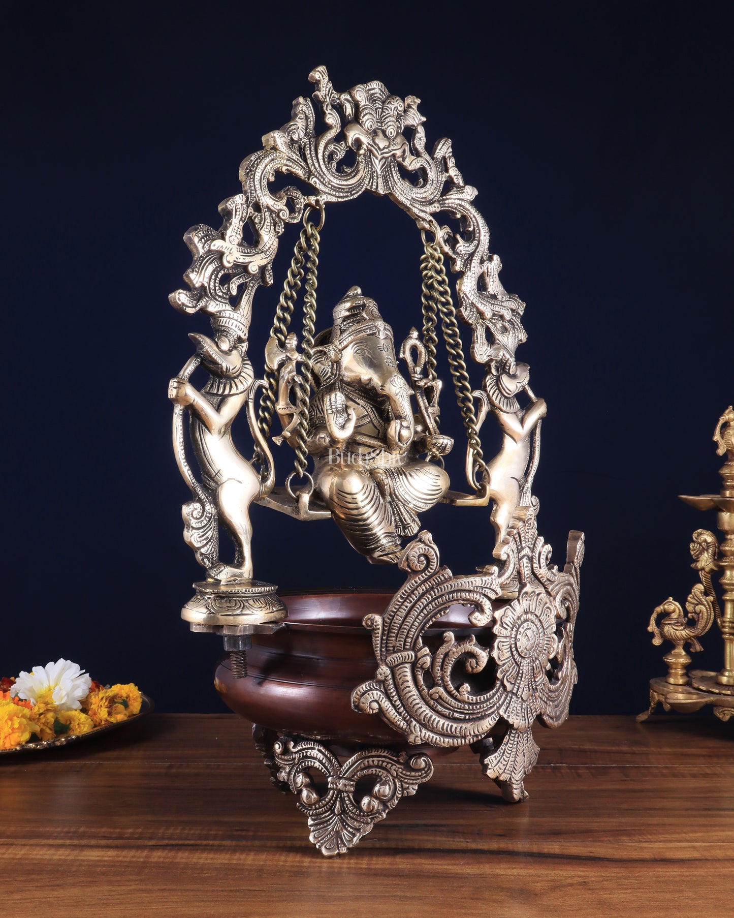 Pure Brass Large Lord Ganesha on a Swing Urli – Dual Tone Finish 20"