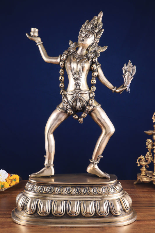 Pure Brass Dancing Kali Idol – Crowned & Adorned with Skull Garland 23"