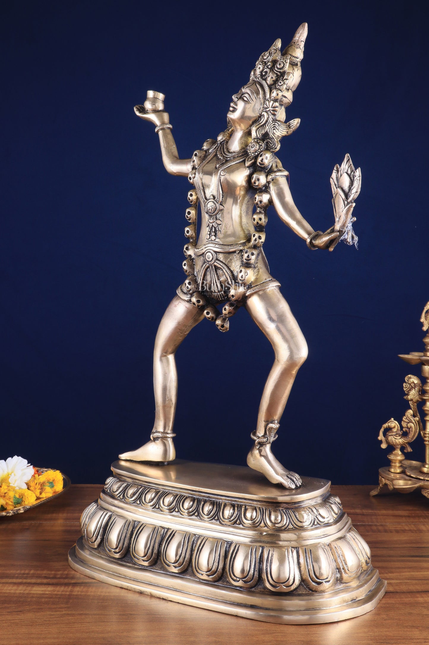 Pure Brass Dancing Kali Idol – Crowned & Adorned with Skull Garland 23"