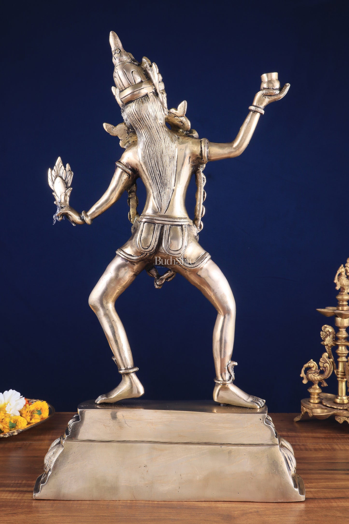 Pure Brass Dancing Kali Idol – Crowned & Adorned with Skull Garland 23"