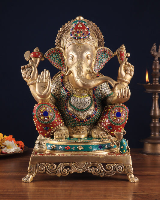 Pure Brass Lord Ganesha Idol - 18 inch Meenakari Stonework