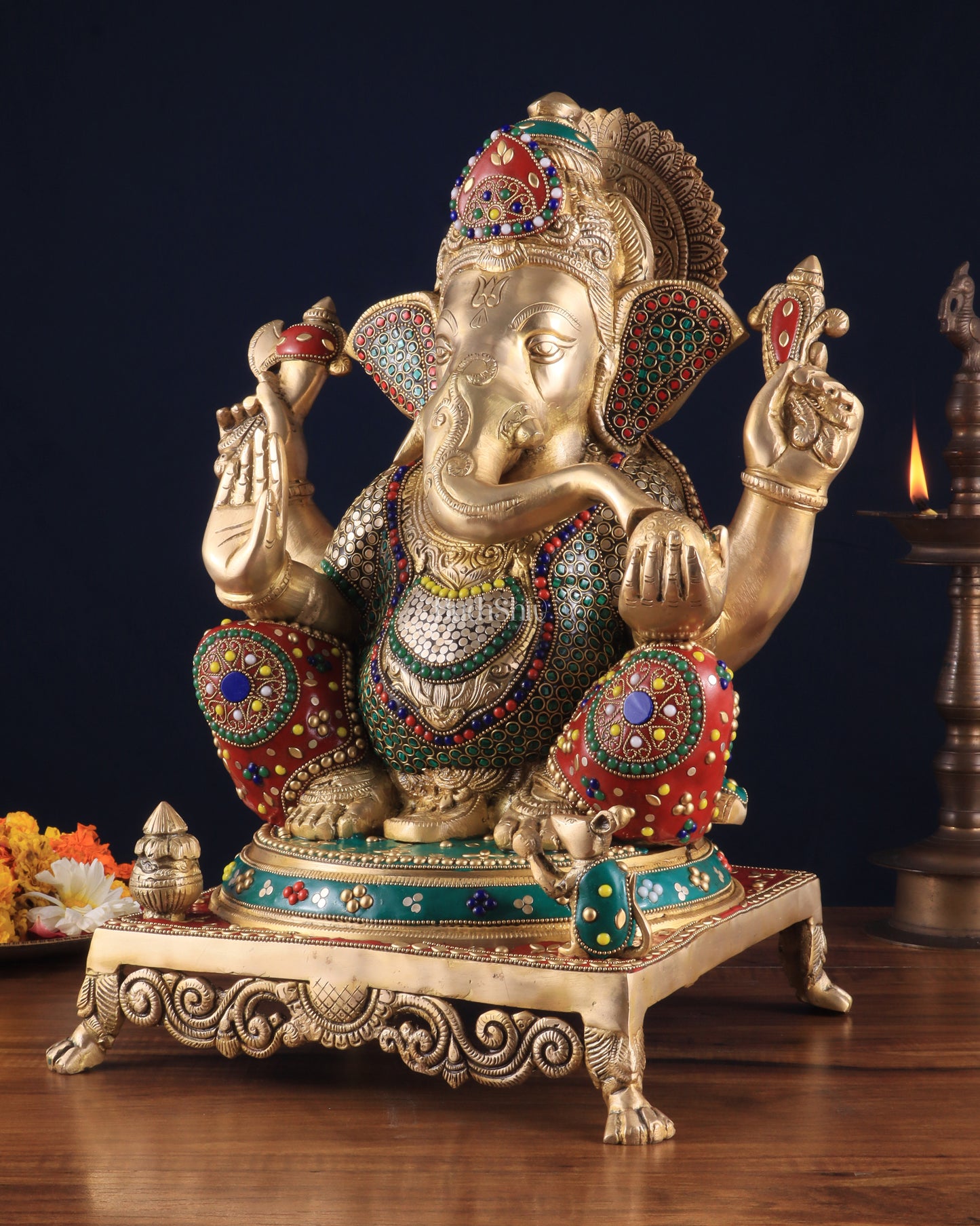 Pure Brass Lord Ganesha Idol - 18 inch Meenakari Stonework