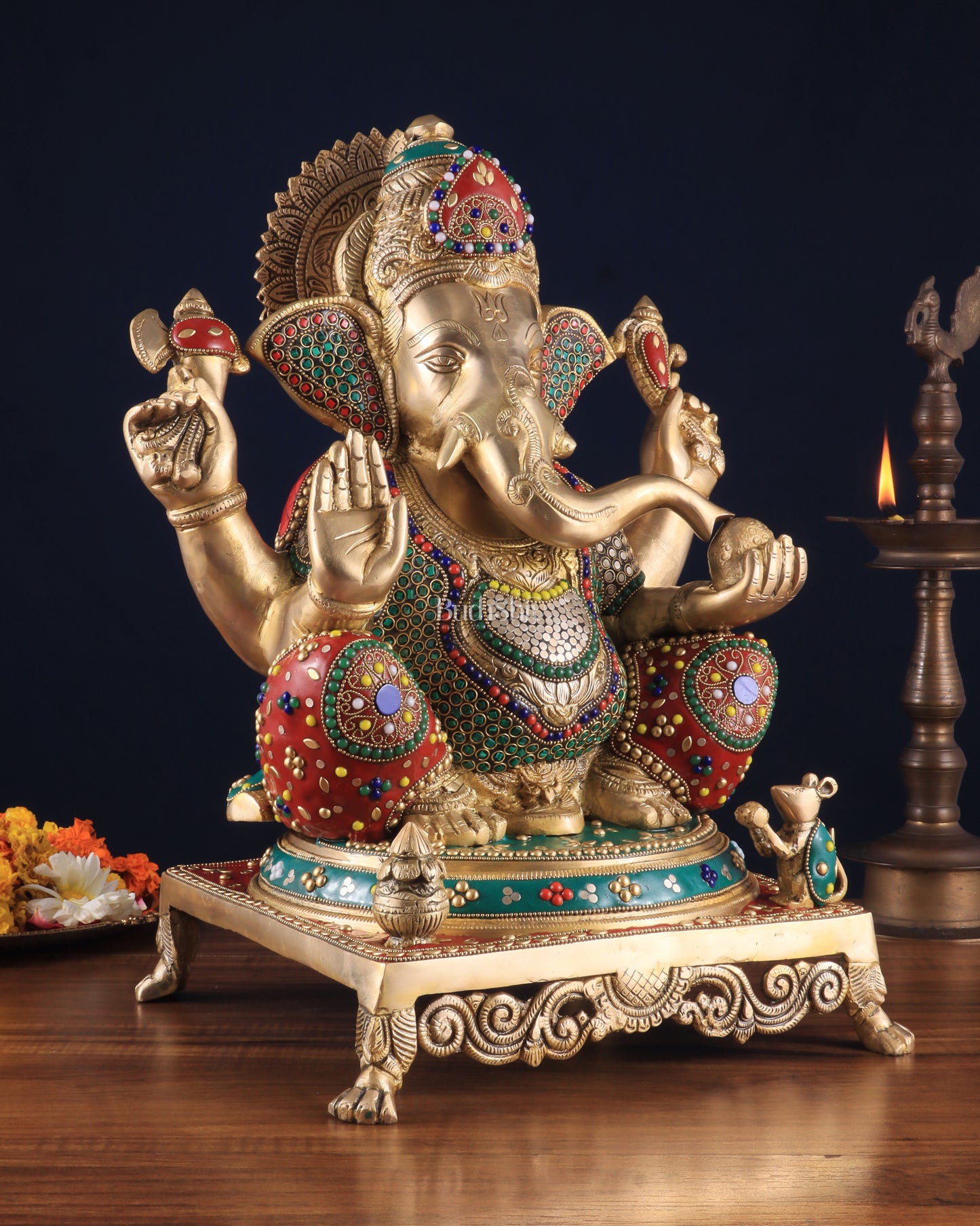 Pure Brass Lord Ganesha Idol - 18 inch Meenakari Stonework