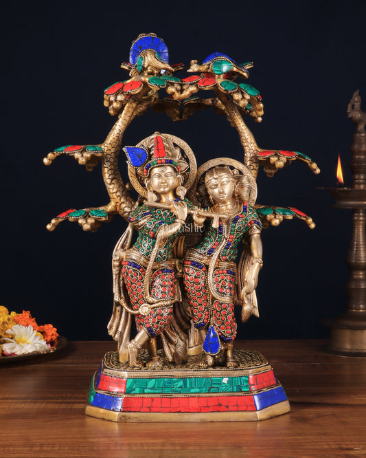 Pure Brass Radha Krishna Under Tree Statue with Stonework 16"