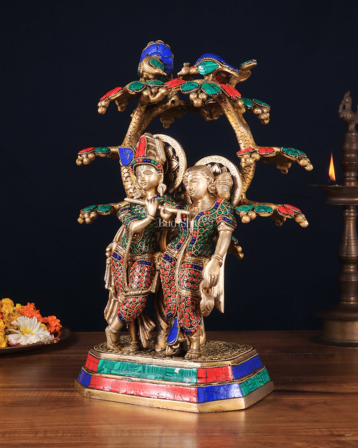 Pure Brass Radha Krishna Under Tree Statue with Stonework 16"