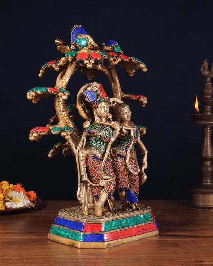 Pure Brass Radha Krishna Under Tree Statue with Stonework 16"