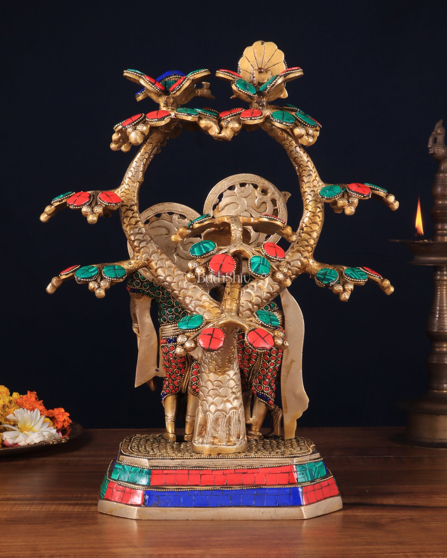 Pure Brass Radha Krishna Under Tree Statue with Stonework 16"