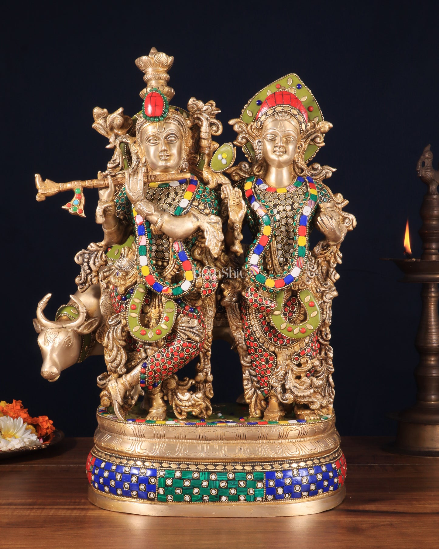 Brass Radha Krishna with cow Idol | 18" with stonework