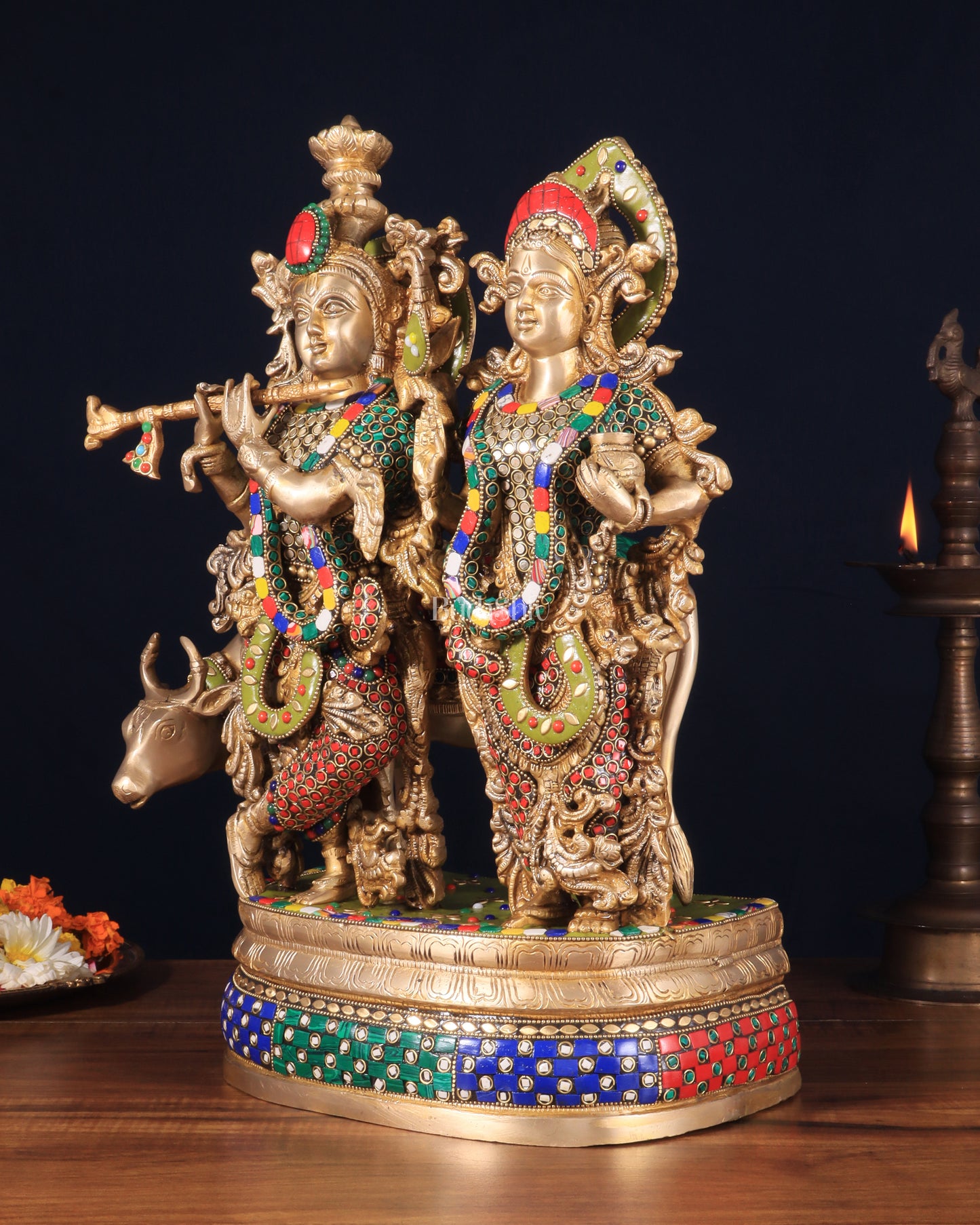 Brass Radha Krishna with cow Idol | 18" with stonework