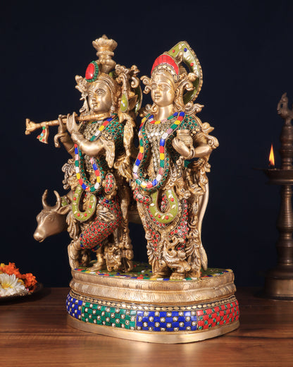 Brass Radha Krishna with cow Idol | 18" with stonework