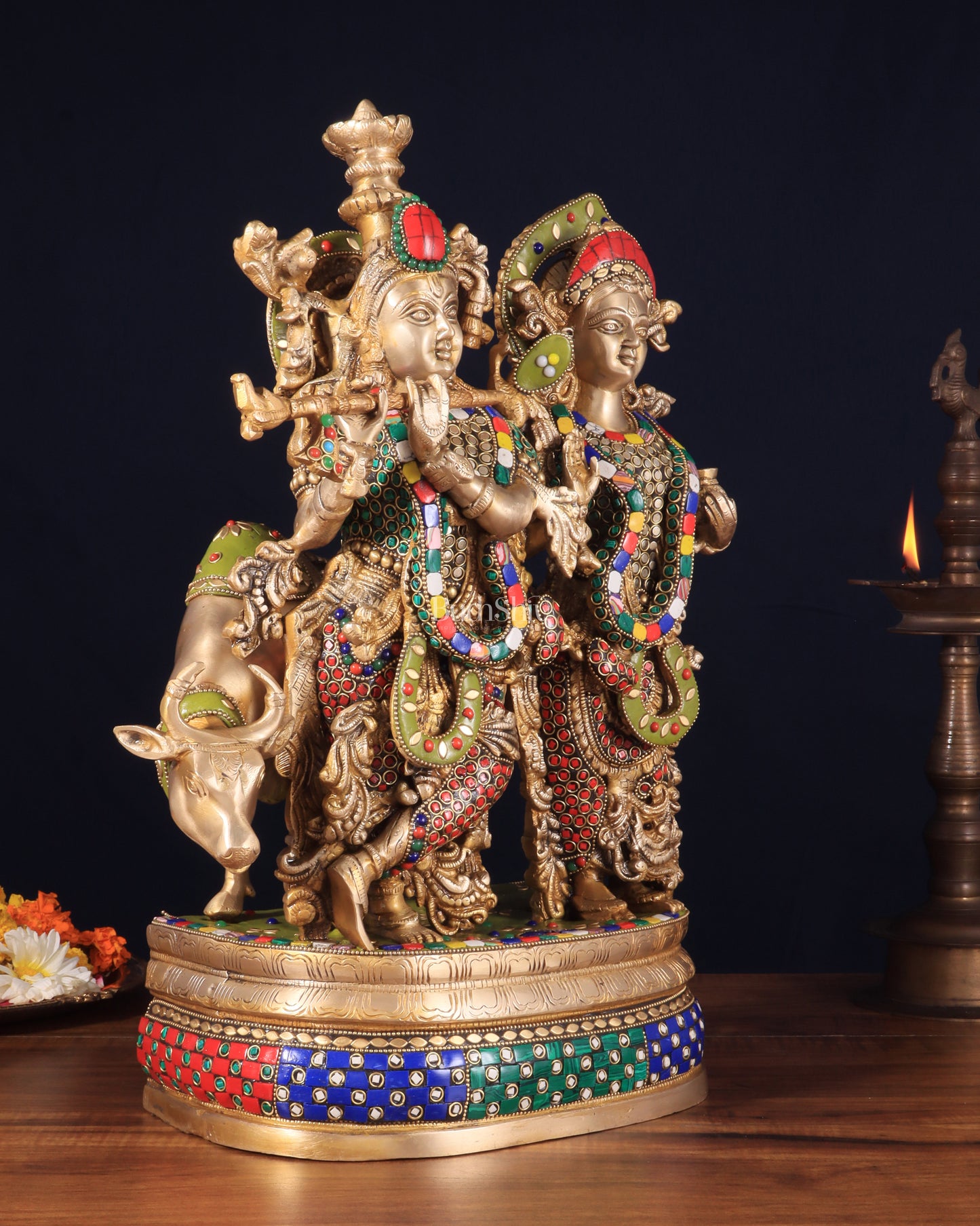 Brass Radha Krishna with cow Idol | 18" with stonework