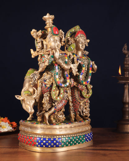 Brass Radha Krishna with cow Idol | 18" with stonework