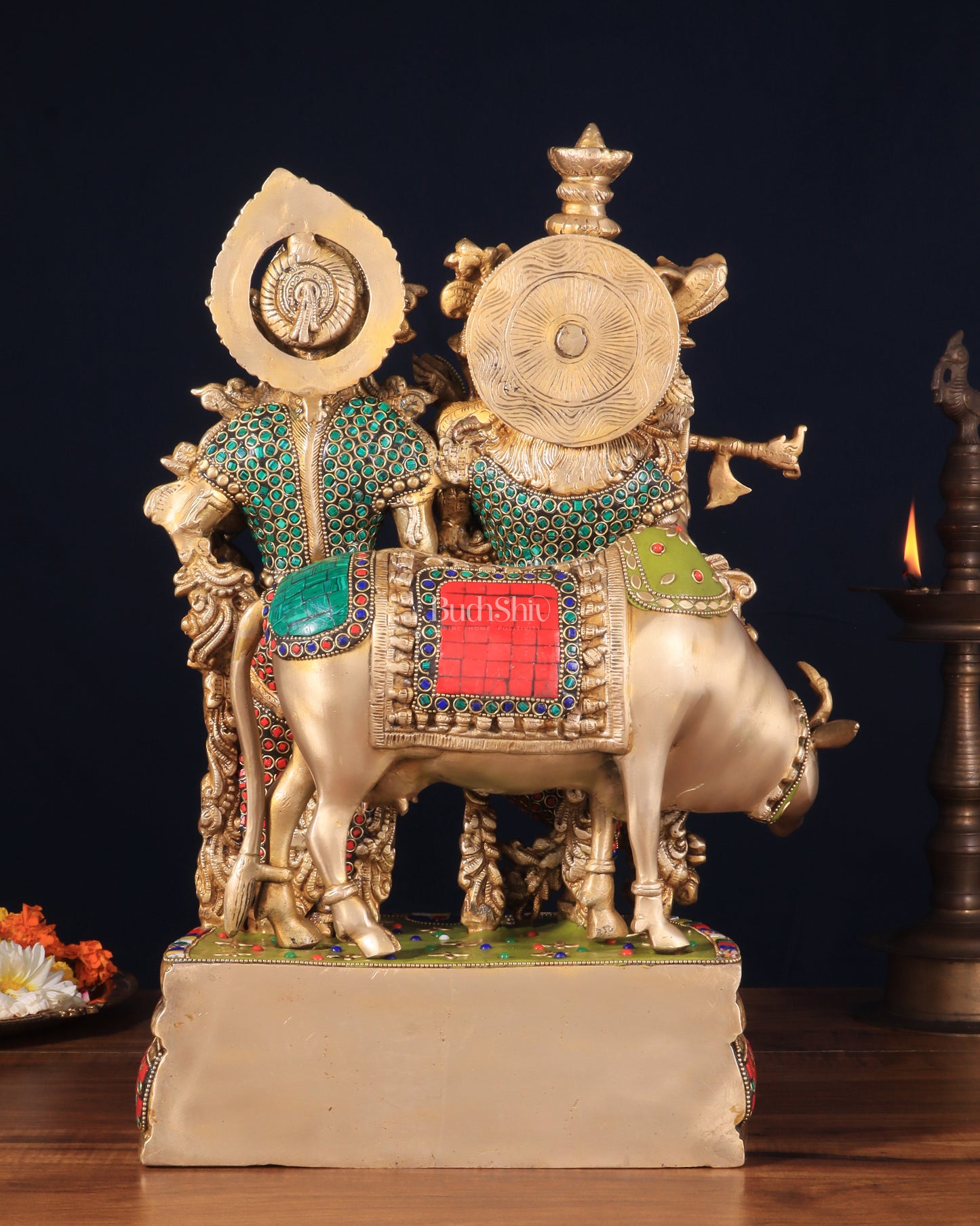 Brass Radha Krishna with cow Idol | 18" with stonework