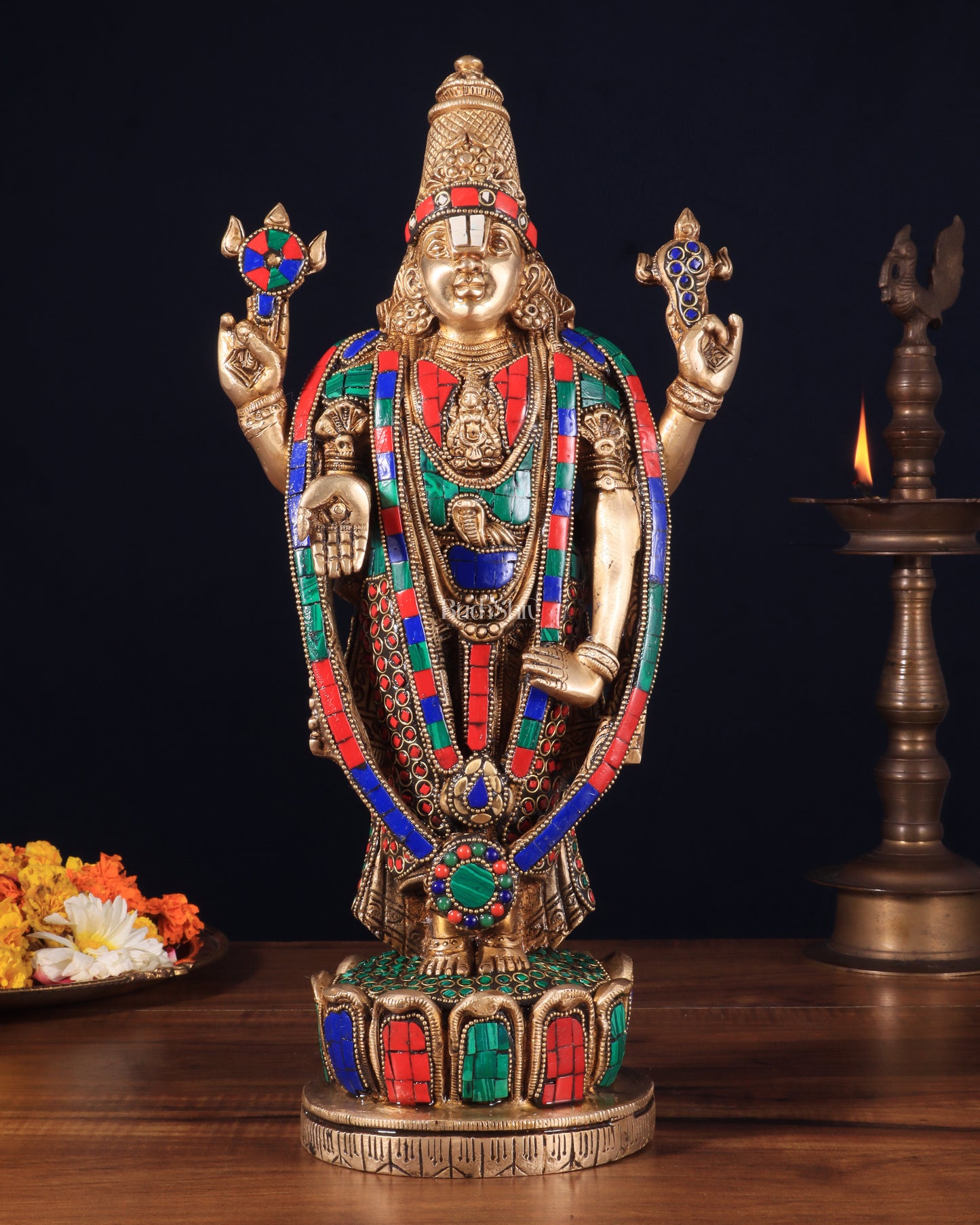 Brass Tirupati Balaji Lord Venkateshwara Swamy Statue - 16 Inch with stonework