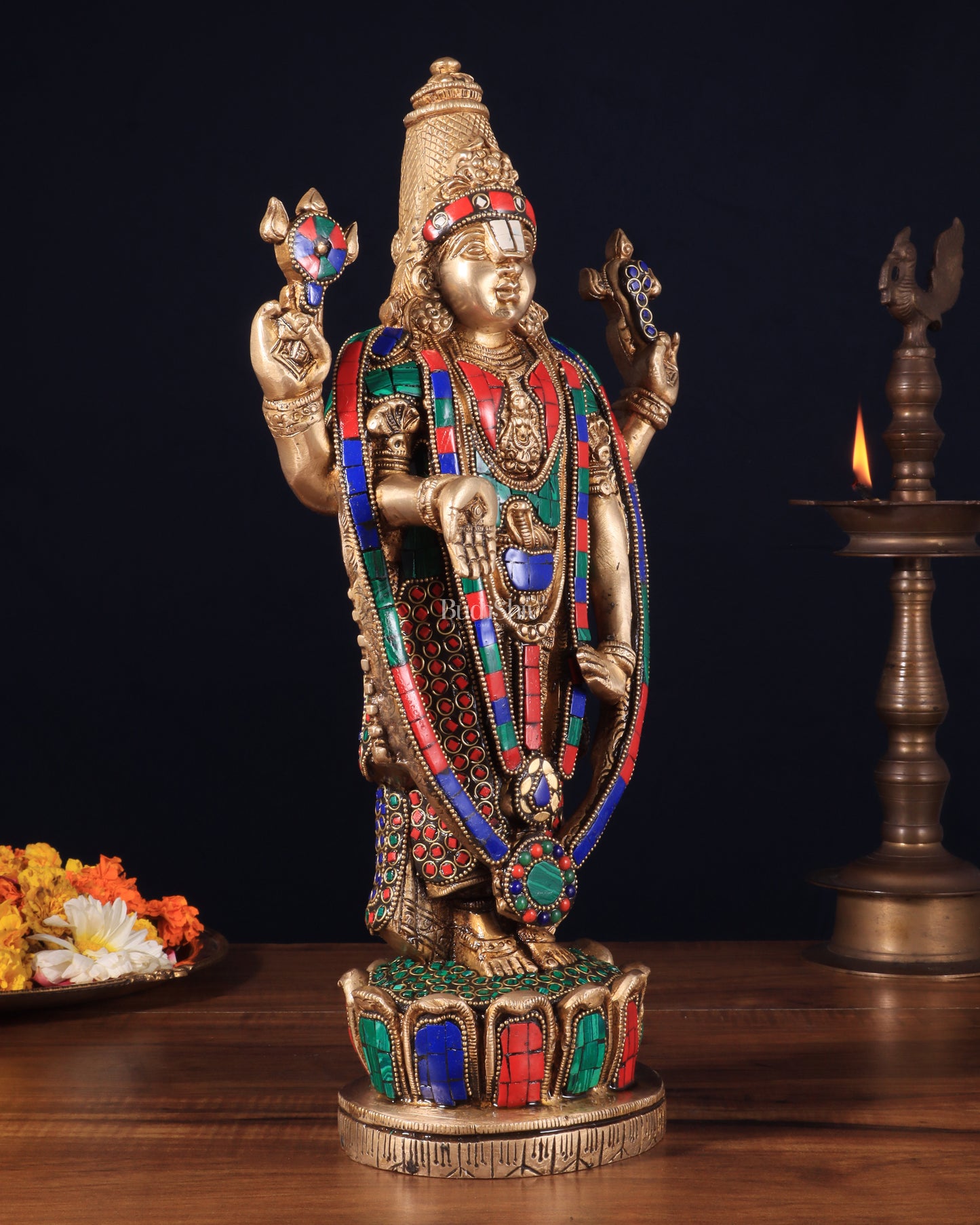 Brass Tirupati Balaji Lord Venkateshwara Swamy Statue - 16 Inch with stonework