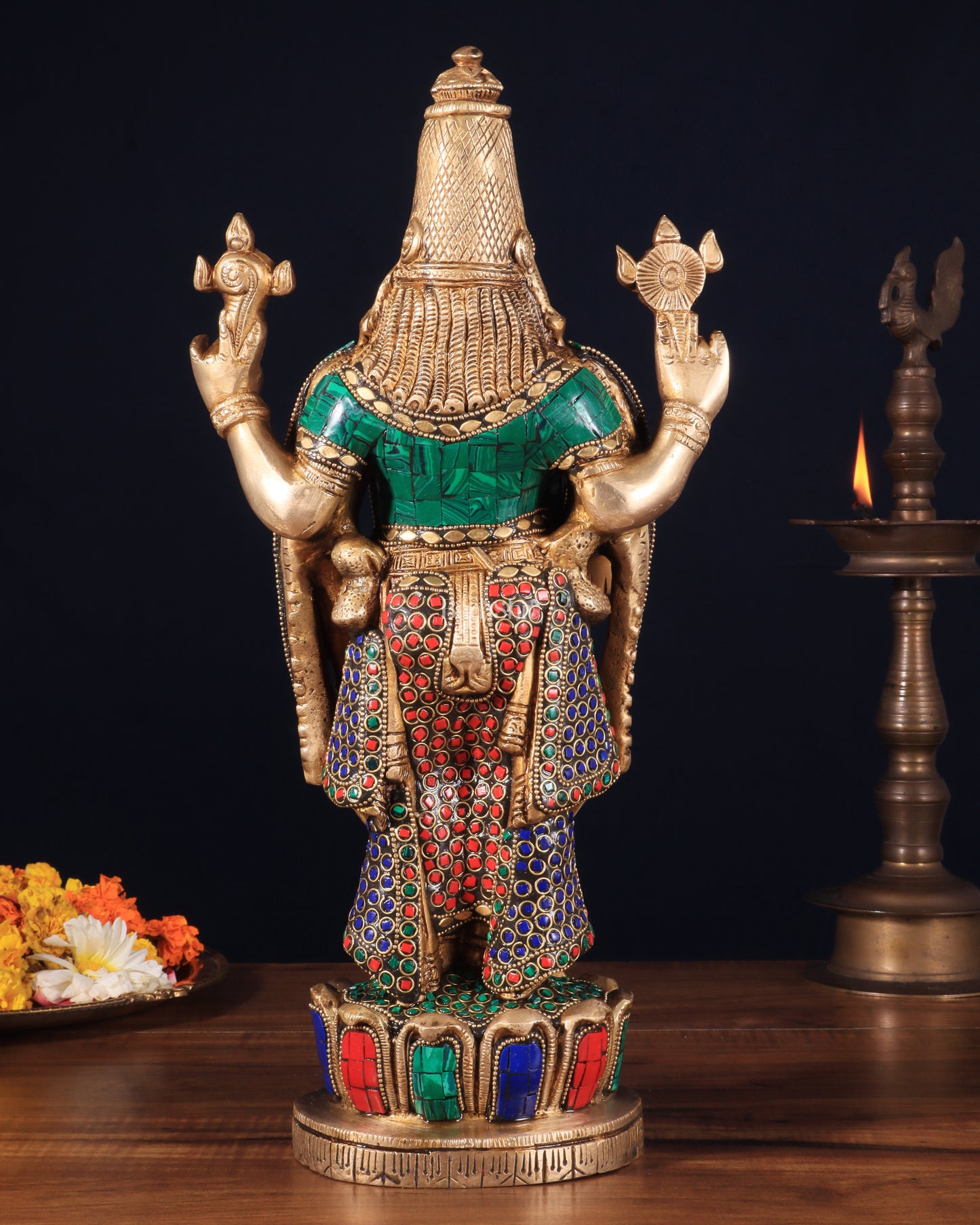 Brass Tirupati Balaji Lord Venkateshwara Swamy Statue - 16 Inch with stonework