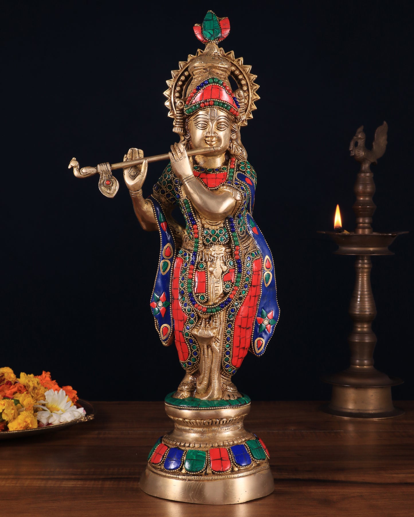 Brass Lord Krishna Idol with stonework - 18 Inch