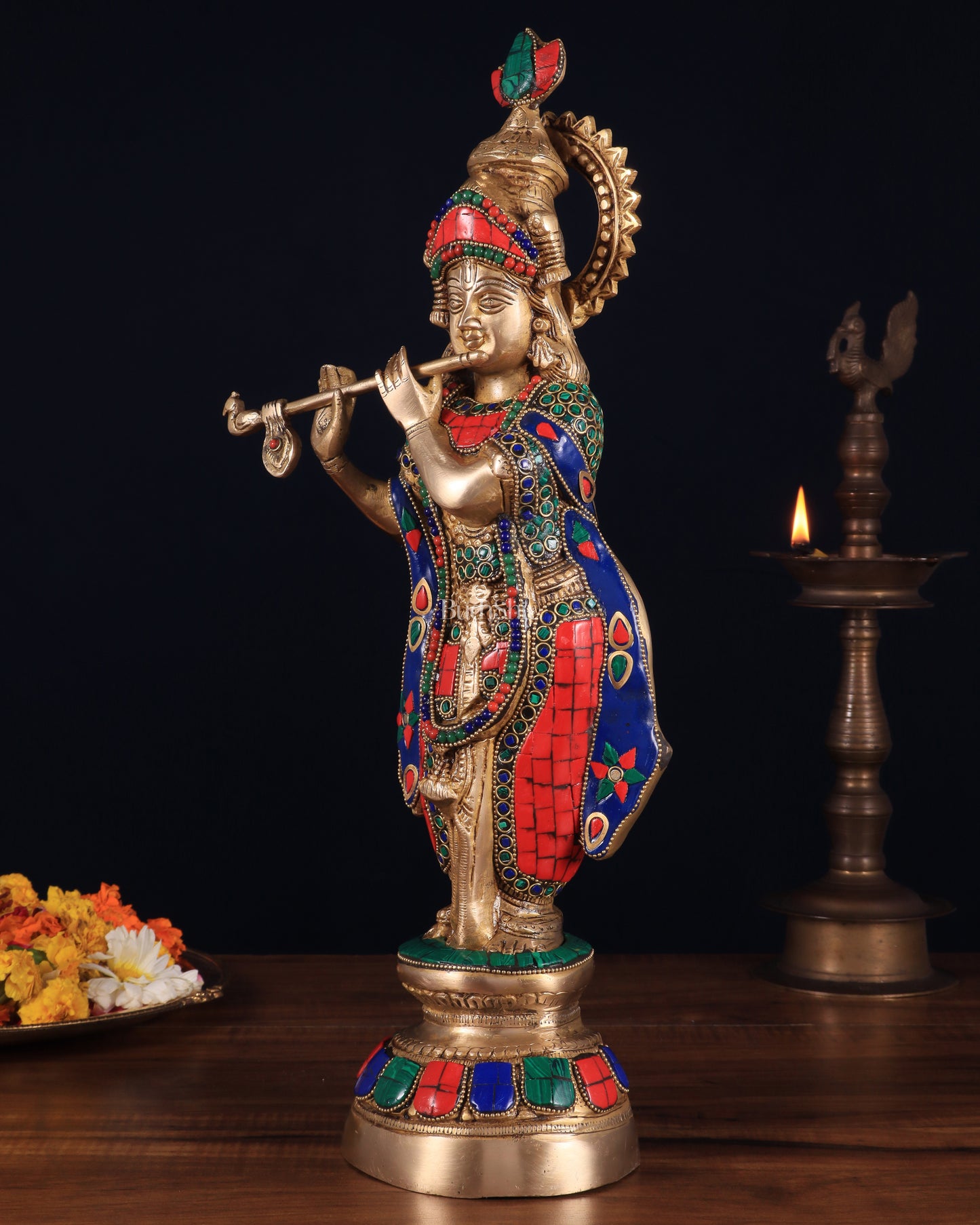 Brass Lord Krishna Idol with stonework - 18 Inch