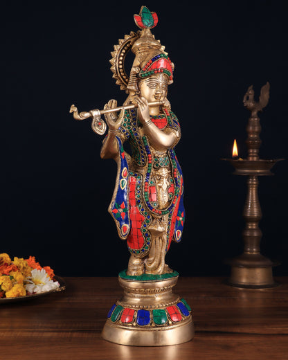 Brass Lord Krishna Idol with stonework - 18 Inch