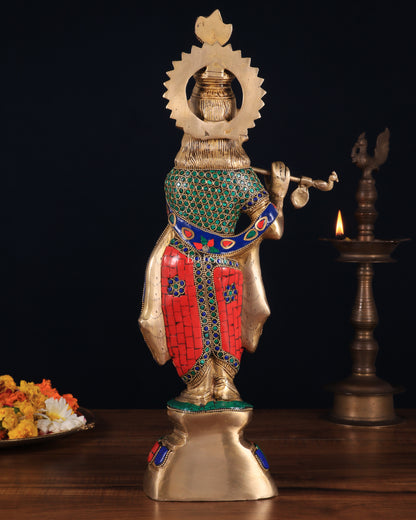 Brass Lord Krishna Idol with stonework - 18 Inch