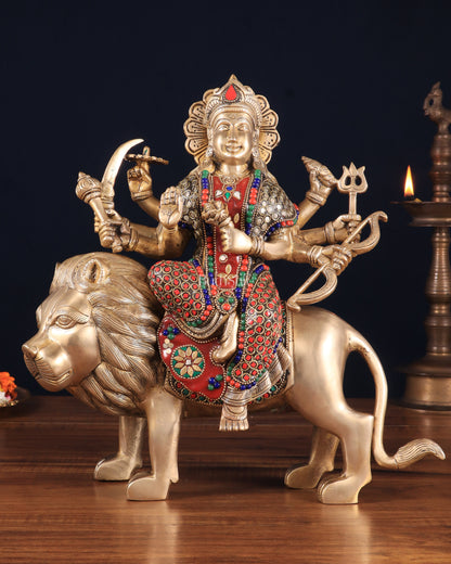 Elegant Brass Durga Mata sherawali ma Statue 12 Inch | durga ma with stonework