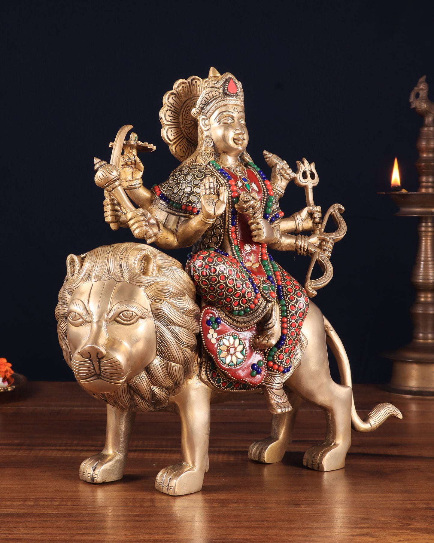 Elegant Brass Durga Mata sherawali ma Statue 12 Inch | durga ma with stonework