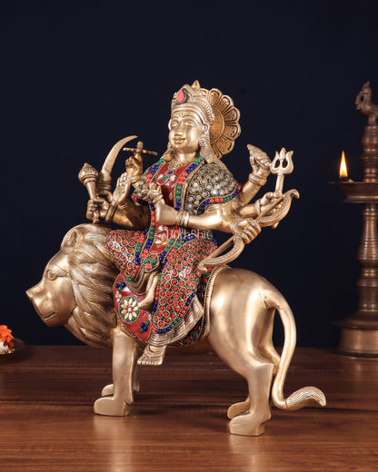 Elegant Brass Durga Mata sherawali ma Statue 12 Inch | durga ma with stonework