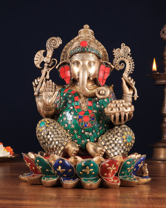 Pure Brass Ganesha on Lotus Idol 11 inch stonework