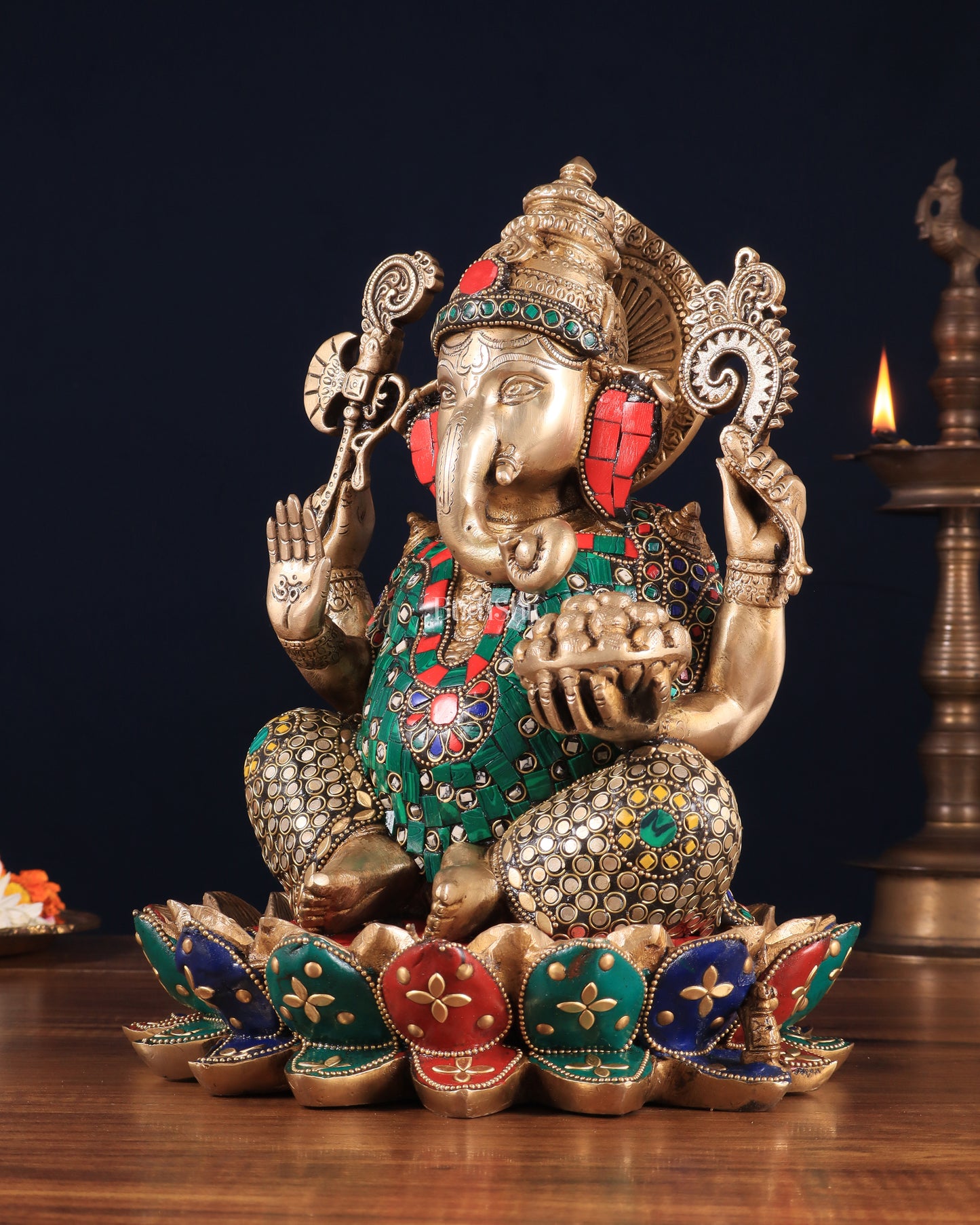 Pure Brass Ganesha on Lotus Idol 11 inch stonework