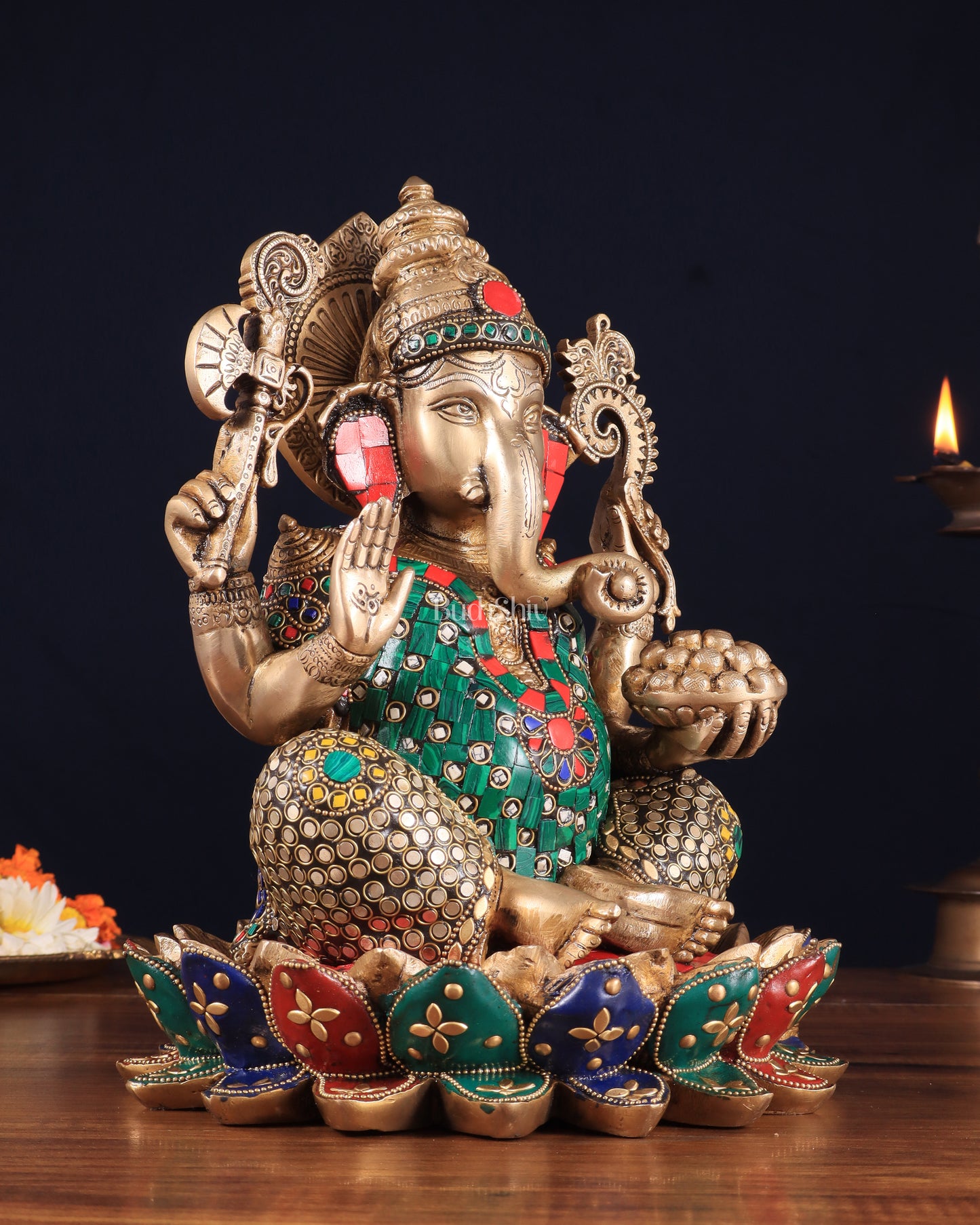 Pure Brass Ganesha on Lotus Idol 11 inch stonework