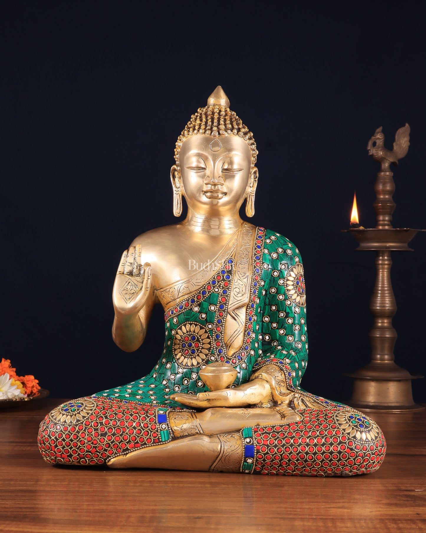 Pure Brass Buddha Statue in Abhaya Mudra with stonework 14 inch