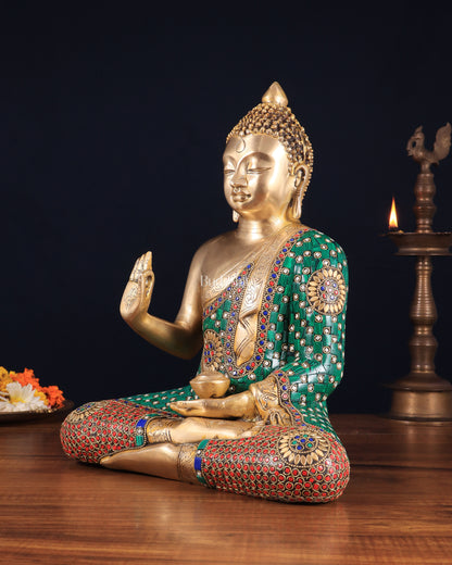 Pure Brass Buddha Statue in Abhaya Mudra with stonework 14 inch