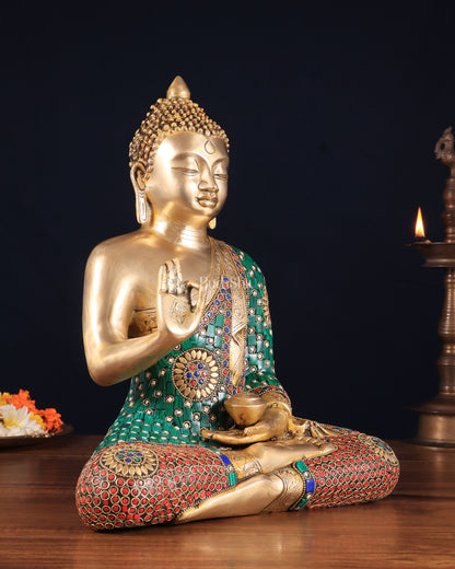 Pure Brass Buddha Statue in Abhaya Mudra with stonework 14 inch