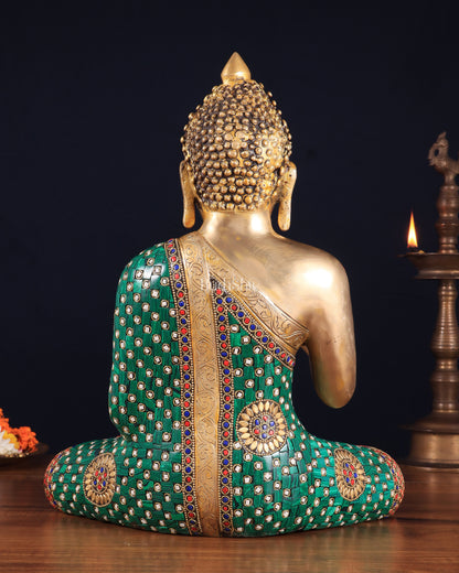 Pure Brass Buddha Statue in Abhaya Mudra with stonework 14 inch