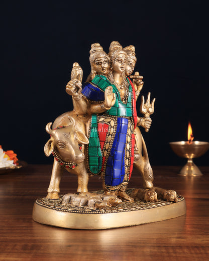 Pure Brass Dattatreya guru with a cow and four dogs idol