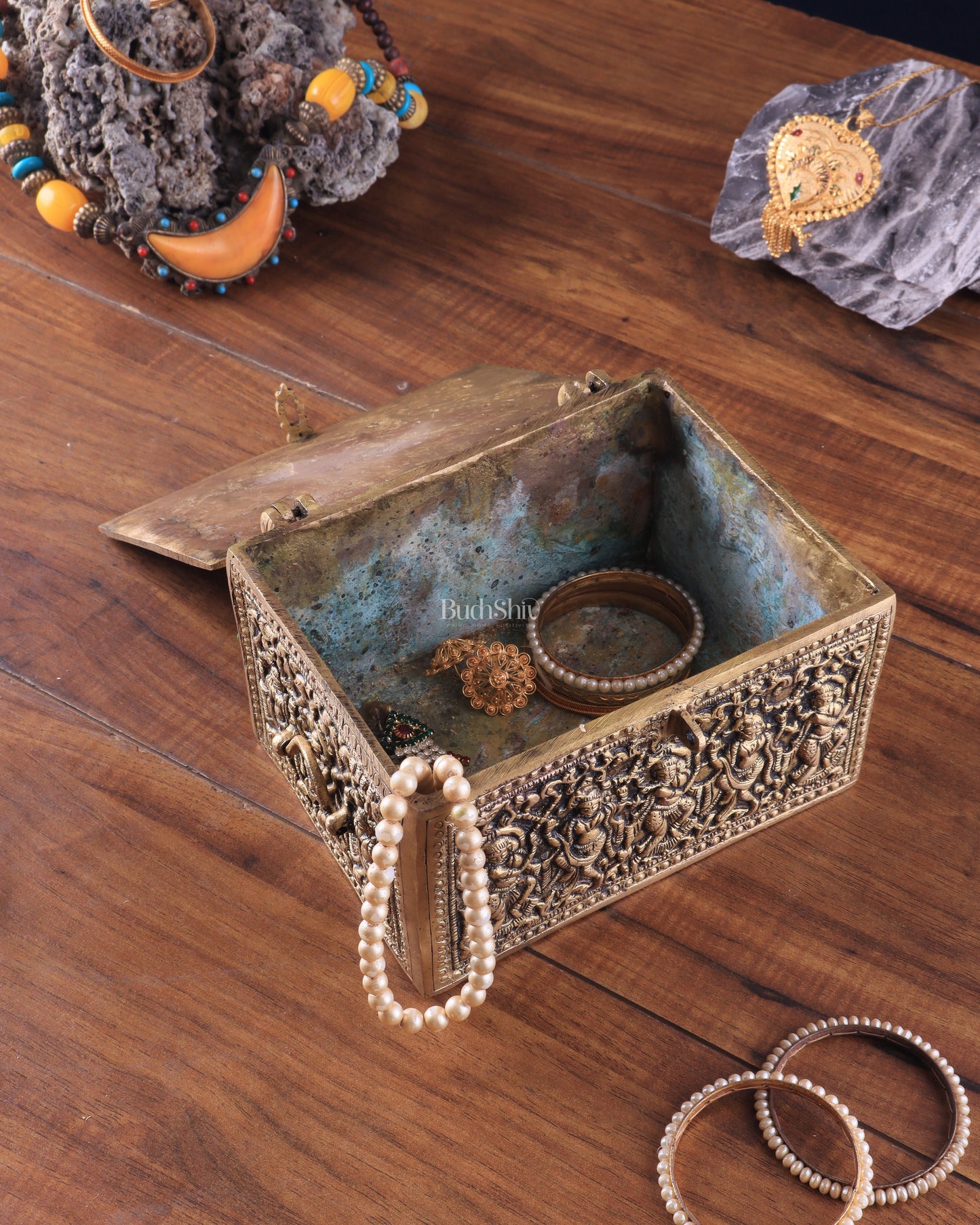 Pure Brass Unique Jewelry Treasure Storage Box – Multipurpose with Intricate Carvings